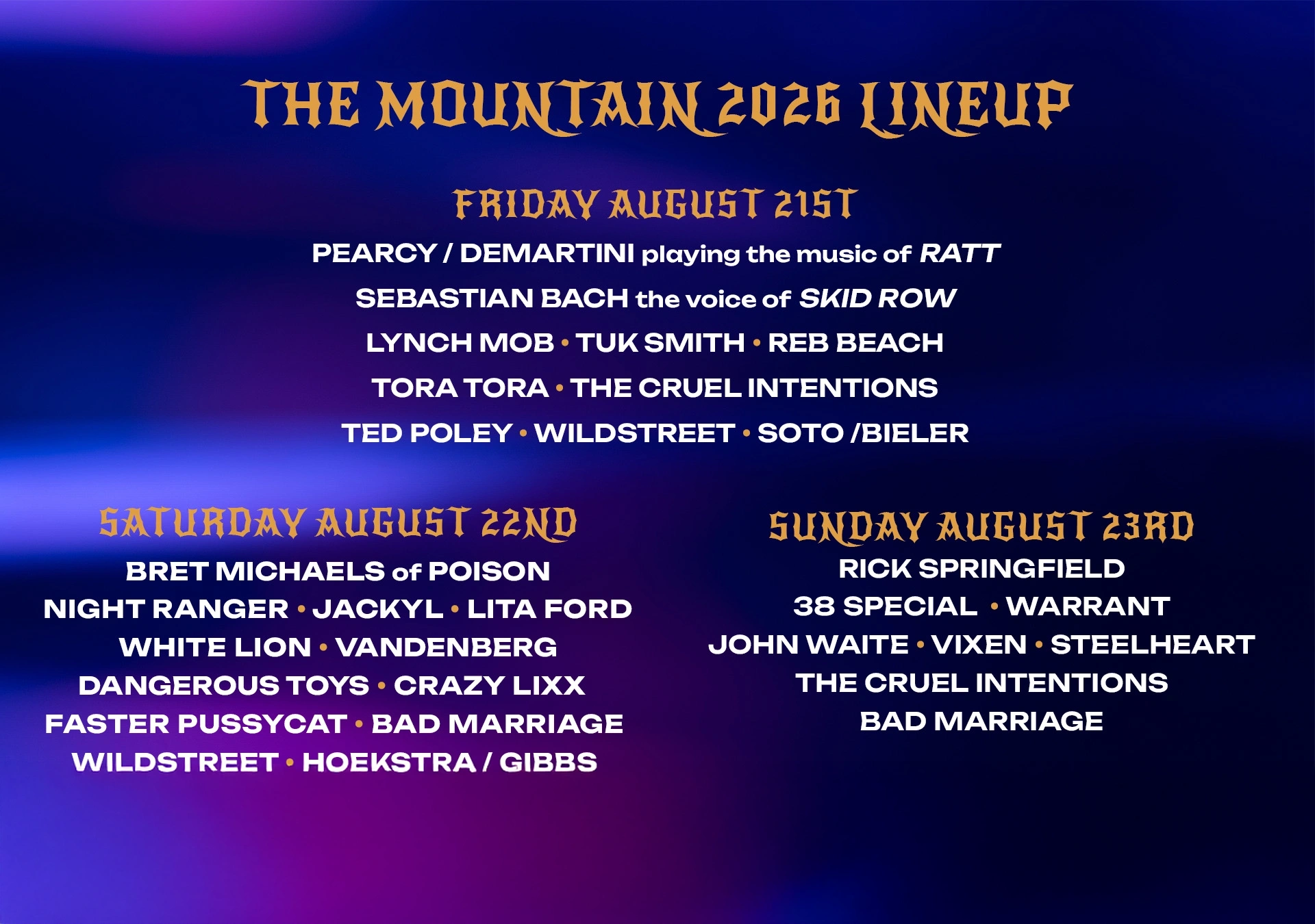 Festival lineup poster on a blue-purple gradient background with dates and band names for Friday–Sunday lineup (The Mountain 2026).