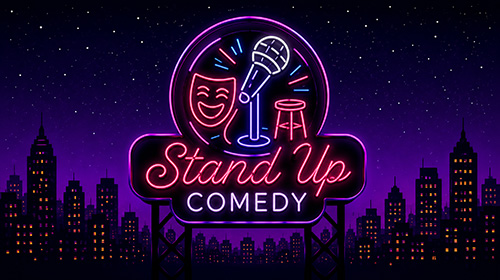 Neon sign reading Stand Up Comedy with a microphone and stool against a starry night city skyline.