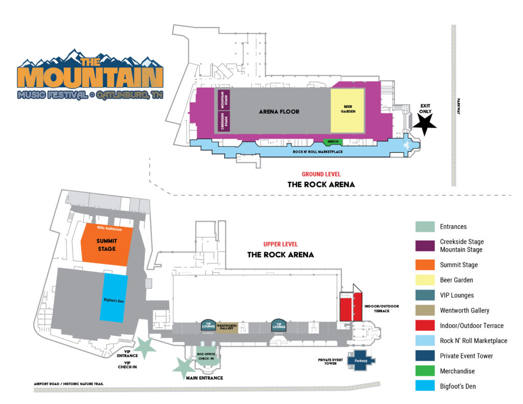 Map of The Mountain Music Festival grounds showing stages, beer garden, merchandise, and main entrances on a schematic layout of the venue