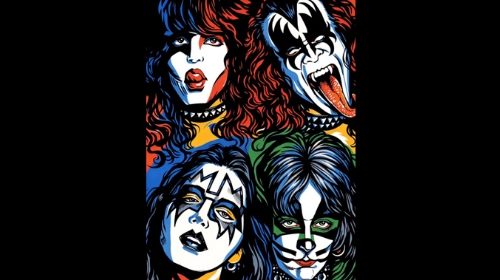 Colorful pop-art illustration of the rock band KISS members in their iconic stage makeup and hair colors.