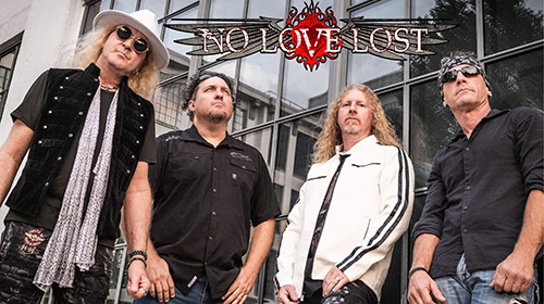 No Love Lost rock band posing outdoors in front of a glass storefront, logo visible above them.
