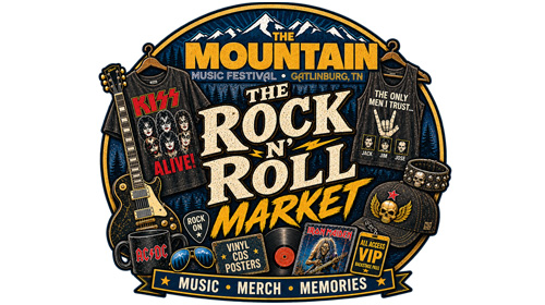 Circular logo for The Mountain Rock ’N’ Roll Market, a Gatlinburg, TN music festival, with guitars, banners, and 'Music • Merch • Memories' text.