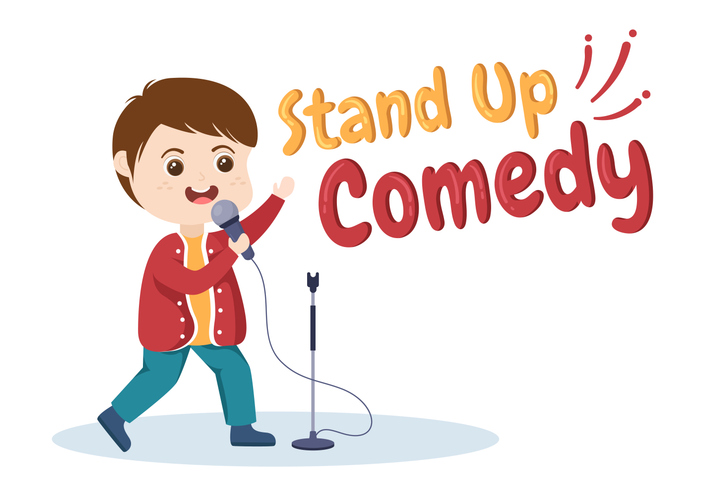 Cartoon stand-up comedian performing on stage with a microphone and the words 'Stand Up Comedy' in colorful letters.