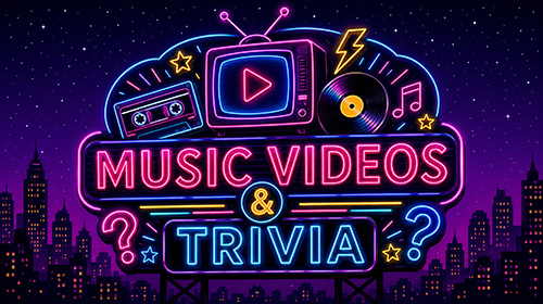 Neon sign reading 'Music Videos & Trivia' with retro TV, cassette, and vinyl record against a starry night city skyline.
